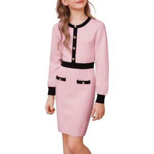 GRACE KARIN Girls Fall Long Sleeve Dresses Girl Bodycon Sweater Dress Winter Holiday Dress for Kids Size 6-14(Light Pink)