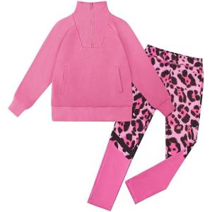 GRACE KARIN Girls Fall Outfit Teen 2 Piece Sweatshirt Sweatpant Back To School Tracksuit Fashion Cute Clothes Size 6-12(Hot Pink-leopard)