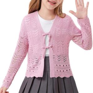 GRACE KARIN Girls Long Sleeve Cardigan Sweater Tie Front Bow V Neck Crochet Knit Lightweight Shrug 5-12 Years(Pink)
