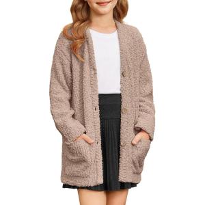 GRACE KARIN Girls Open Front Cardigan Long Sleeve Popcorn Knit Sweaters Outwear Coat with Pockets(Khaki)