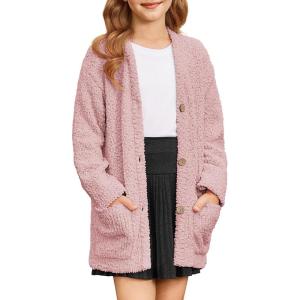 GRACE KARIN Girls Open Front Cardigan Long Sleeve Popcorn Knit Sweaters Outwear Coat with Pockets(Pink)
