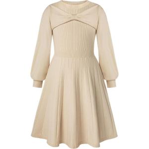 GRACE KARIN Girls Sweater Dress Bow Collar Pleated Skirt 6-14Y Back to School Outfit Knit Fall Winter Dress(Apricot)