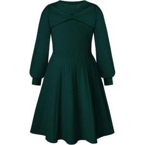 GRACE KARIN Girls Sweater Dress Bow Collar Pleated Skirt 6-14Y Back to School Outfit Knit Fall Winter Dress(Dark Green)