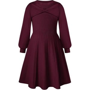 GRACE KARIN Girls Sweater Dress Bow Collar Pleated Skirt 6-14Y Back to School Outfit Knit Fall Winter Dress(Dark Red)