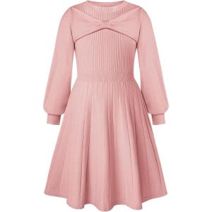 GRACE KARIN Girls Sweater Dress Bow Collar Pleated Skirt 6-14Y Back to School Outfit Knit Fall Winter Dress(Light Pink)