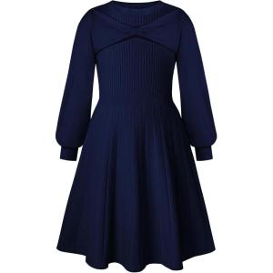GRACE KARIN Girls Sweater Dress Bow Collar Pleated Skirt 6-14Y Back to School Outfit Knit Fall Winter Dress(Navy Blue)