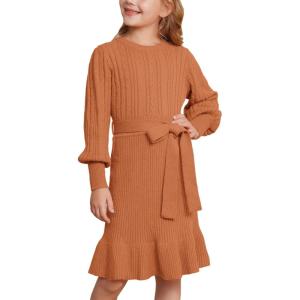 GRACE KARIN Girls Sweater Dress Cable Knit Long Sleeve Fall Winter Dress for Girl with Belt Sizes 6-14(Orange)