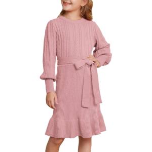 GRACE KARIN Girls Sweater Dress Cable Knit Long Sleeve Fall Winter Dress for Girl with Belt Sizes 6-14(Pink)