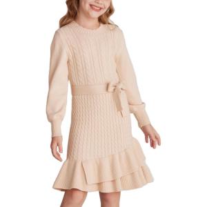 GRACE KARIN Girls Sweater Dress Fall Winter Long Sleeve 2 Layer Knitted Dresses Size 6-14(Cream)