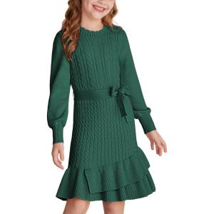 GRACE KARIN Girls Sweater Dress Fall Winter Long Sleeve 2 Layer Knitted Dresses Size 6-14(Green)