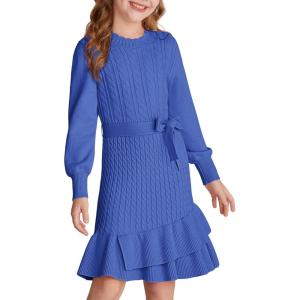 GRACE KARIN Girls Sweater Dress Fall Winter Long Sleeve 2 Layer Knitted Dresses Size 6-14(Haze Blue)