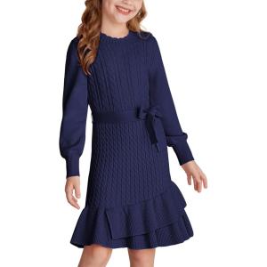 GRACE KARIN Girls Sweater Dress Fall Winter Long Sleeve 2 Layer Knitted Dresses Size 6-14(Navy Blue)