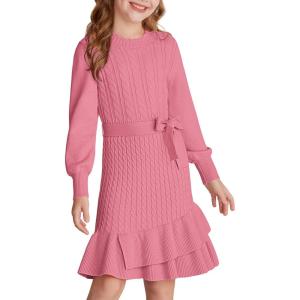 GRACE KARIN Girls Sweater Dress Fall Winter Long Sleeve 2 Layer Knitted Dresses Size 6-14(Peach Pink)