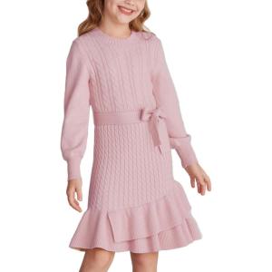 GRACE KARIN Girls Sweater Dress Fall Winter Long Sleeve 2 Layer Knitted Dresses Size 6-14(Pink)
