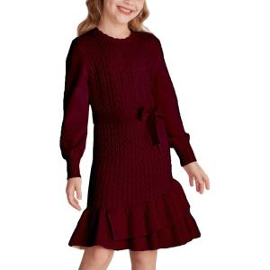 GRACE KARIN Girls Sweater Dress Fall Winter Long Sleeve 2 Layer Knitted Dresses Size 6-14(Wine Red)