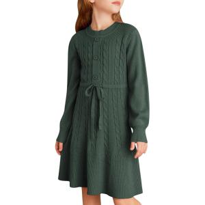 GRACE KARIN Girls Sweater Dress Fall Winter Long Sleeve Kids Fashion Drawstring Waist Cable Knit Dresses Size 5-12(Army Green)