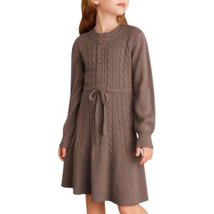 GRACE KARIN Girls Sweater Dress Fall Winter Long Sleeve Kids Fashion Drawstring Waist Cable Knit Dresses Size 5-12(Brown)