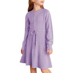 GRACE KARIN Girls Sweater Dress Fall Winter Long Sleeve Kids Fashion Drawstring Waist Cable Knit Dresses Size 5-12(Purple)