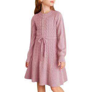 GRACE KARIN Girls Sweater Dress Fall Winter Long Sleeve Kids Fashion Drawstring Waist Cable Knit Dresses Size 5-12(Red Bean Paste)
