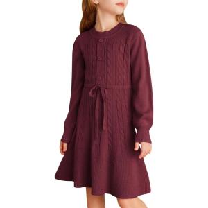GRACE KARIN Girls Sweater Dress Fall Winter Long Sleeve Kids Fashion Drawstring Waist Cable Knit Dresses Size 5-12(Wine Red)