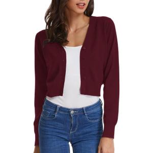 GRACE KARIN Long Sleeve Cropped Cardigan Sweaters for Women Lightweight Button Down V-Neck Open Front Bolero Shrug Jacket(Dark Wine Red)