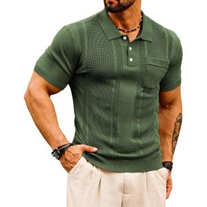 GRACE KARIN Mens Breathable Polo Shirts Short Sleeve Lightweight Knit Texture Golf Shirts Knitwear(Army Green)