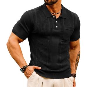 GRACE KARIN Mens Breathable Polo Shirts Short Sleeve Lightweight Knit Texture Golf Shirts Knitwear(Black)