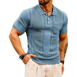 GRACE KARIN Mens Breathable Polo Shirts Short Sleeve Lightweight Knit Texture Golf Shirts Knitwear(Grey Blue)