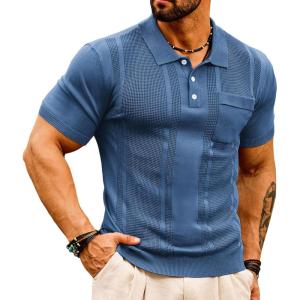 GRACE KARIN Mens Breathable Polo Shirts Short Sleeve Lightweight Knit Texture Golf Shirts Knitwear(Indigo)