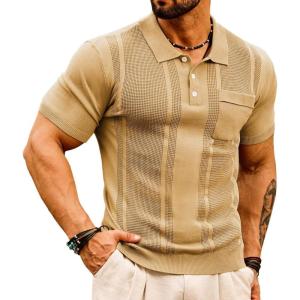 GRACE KARIN Mens Breathable Polo Shirts Short Sleeve Lightweight Knit Texture Golf Shirts Knitwear(Khaki)