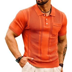 GRACE KARIN Mens Breathable Polo Shirts Short Sleeve Lightweight Knit Texture Golf Shirts Knitwear(Orange)