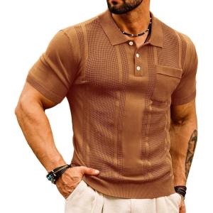 GRACE KARIN Mens Breathable Polo Shirts Short Sleeve Lightweight Knit Texture Golf Shirts Knitwear(Red Coffee)