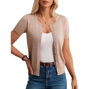GRACE KARIN Short Sleeve Cardigans for Women, 2026 Summer Knitted Sweater Tops, Basic Crew Neck Crop Outfits(Khaki)