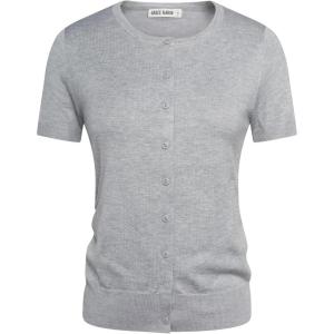 GRACE KARIN Short Sleeve Cardigans for Women, 2026 Summer Knitted Sweater Tops, Basic Crew Neck Crop Outfits(Light Gray)