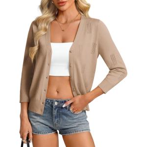 GRACE KARIN Women 3/4 Sleeve Cardigans for Women, Lightweight Cardigan Sweaters, Spring Open Front Button Down Tops(Khaki)