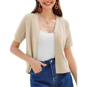 GRACE KARIN Women Short Sleeve Cropped Cardigan Crochet Knit Lightweight Button Down V Neck Bolero Sweater Top 2025(Beige)