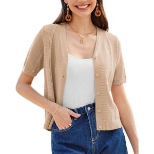 GRACE KARIN Women Short Sleeve Cropped Cardigan Crochet Knit Lightweight Button Down V Neck Bolero Sweater Top 2025(Khaki)