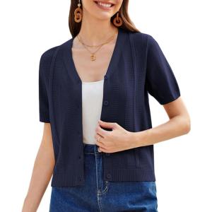 GRACE KARIN Women Short Sleeve Cropped Cardigan Crochet Knit Lightweight Button Down V Neck Bolero Sweater Top 2025(Navy Blue)