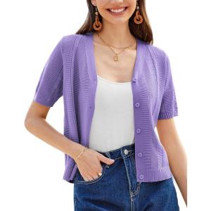 GRACE KARIN Women Short Sleeve Cropped Cardigan Crochet Knit Lightweight Button Down V Neck Bolero Sweater Top 2025(Purple)