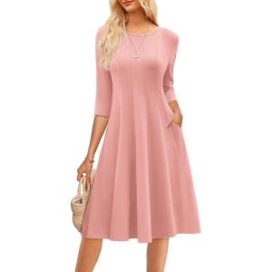GRACE KARIN Women Summer Dresses 2026 Casual 3/4 Sleeve Dress A Line Fit and Flare Midi Dress with Pockets(Dusty Pink)
