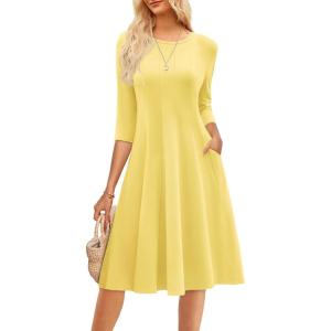 GRACE KARIN Women Summer Dresses 2026 Casual 3/4 Sleeve Dress A Line Fit and Flare Midi Dress with Pockets(Light Yellow)