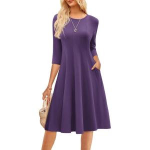 GRACE KARIN Women Summer Dresses 2026 Casual 3/4 Sleeve Dress A Line Fit and Flare Midi Dress with Pockets(Purple)