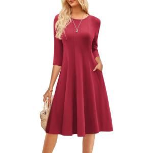 GRACE KARIN Women Summer Dresses 2026 Casual 3/4 Sleeve Dress A Line Fit and Flare Midi Dress with Pockets(Wine Red)