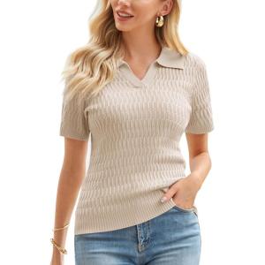 GRACE KARIN Womens 2025 Summer Short Sleeve Sweater V-Neck Collared Pullover Sweater Tops Lightweight Knit Polo Shirt(Beige)