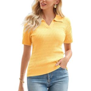 GRACE KARIN Womens 2025 Summer Short Sleeve Sweater V-Neck Collared Pullover Sweater Tops Lightweight Knit Polo Shirt(Light Yellow)