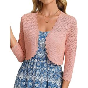 GRACE KARIN Womens 2026 Bolero Shrug 3/4 Sleeve Crochet Cropped Cardigan Open Front Knit Shrugs for Dresses(Pink)