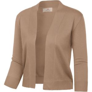 GRACE KARIN Women’s 3/4 Sleeve Knit Cropped Cardigan Sweaters Open Front Bolero Shrugs Sweater Tops S-3XL(Khaki)