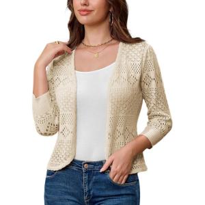 GRACE KARIN Women’s 3/4 Sleeve Open Front Cropped Cardigan Summer Lightweight Hollow Out Knit Shrug(Apricot)
