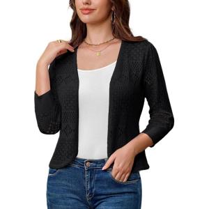 GRACE KARIN Women’s 3/4 Sleeve Open Front Cropped Cardigan Summer Lightweight Hollow Out Knit Shrug(Black)