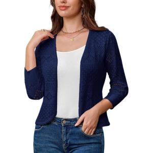 GRACE KARIN Women’s 3/4 Sleeve Open Front Cropped Cardigan Summer Lightweight Hollow Out Knit Shrug(Dark Blue)